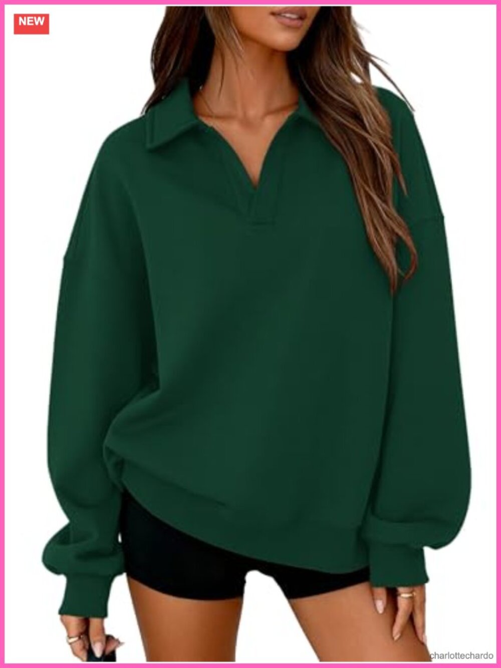 Womens Oversized Fleece Sweatshirt V-Neck Polo Long Sleeve Pullover